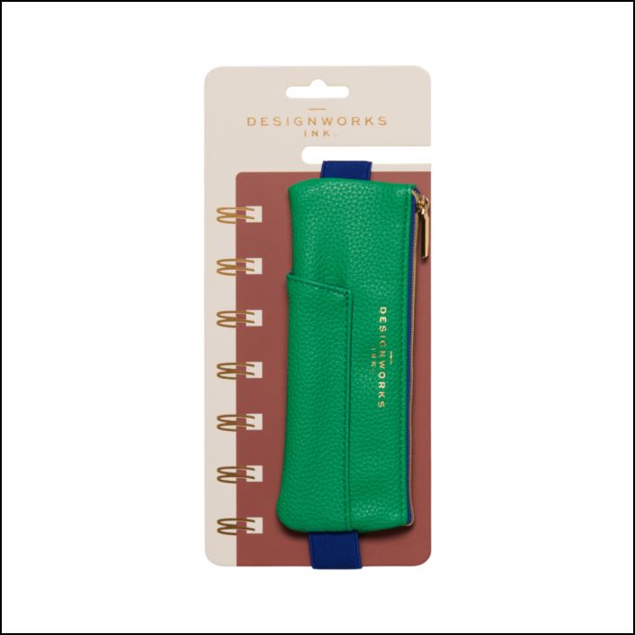Vegan Leather Pen Pouch - Bright Green + Navy
