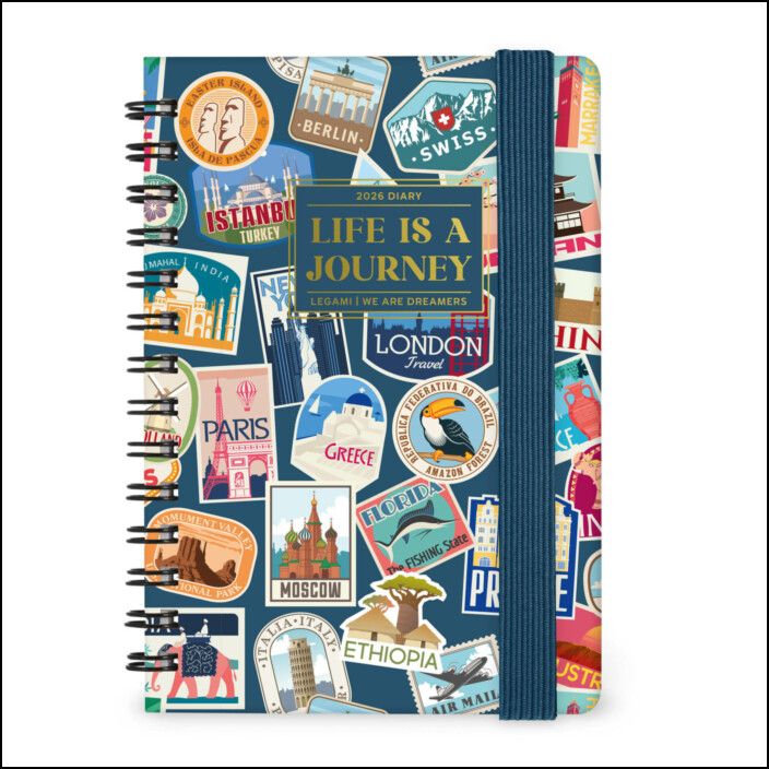 12-Month Diary - 2026 - Small Weekly Spiral Bound - Travel Stickers