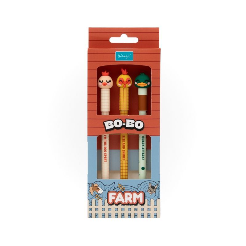 Conjunto de 3 Canetas Apagáveis Bo-Bo Farm - Galinha, Galo e Pato