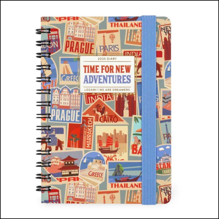 12-MONTH DIARY - 2025 - SMALL WEEKLY SPIRAL BOUND DIARY - TRAVEL STICKERS